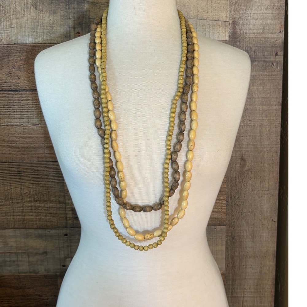 Vintage Wood Bead Necklace Set 3 Long Layering Earthy Brown Cream Mustard